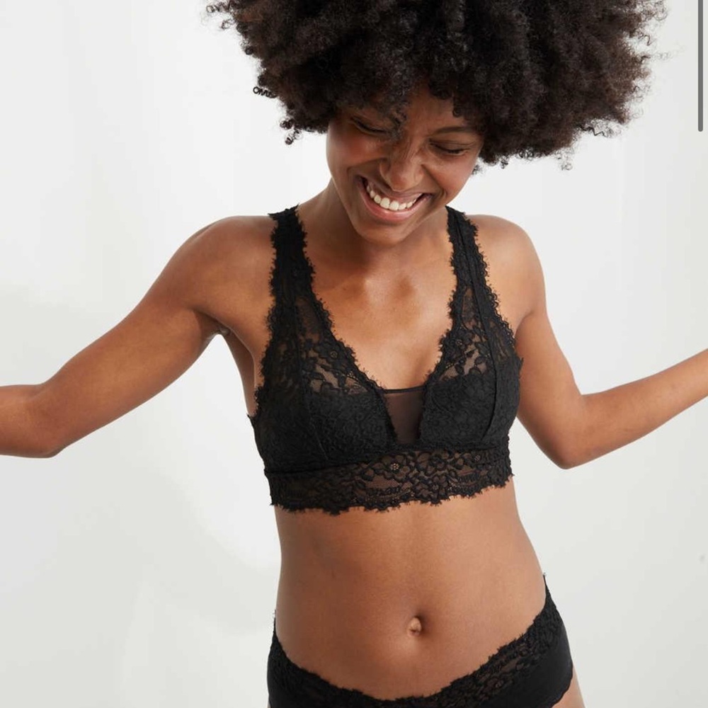 Aerie Eyelash Lace Padded Plunge Bralette Black M